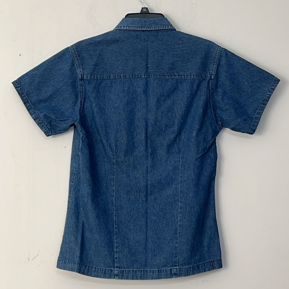 🌞 Bugle Boy For Her Vintage 90s short sleeve button up blue denim shirt M - Picture 11 of 16